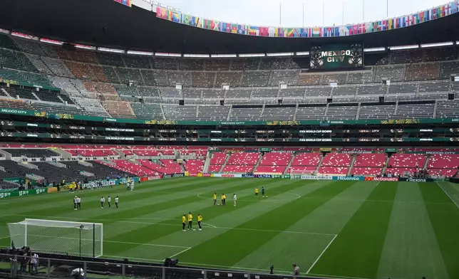 Playes of South Africa visit the stadium in Mexico City, Wednesday, June 10, 2026, a day before their opening FIFA World Cup match against Mexico. (AP Photo/Eduardo Verdugo)