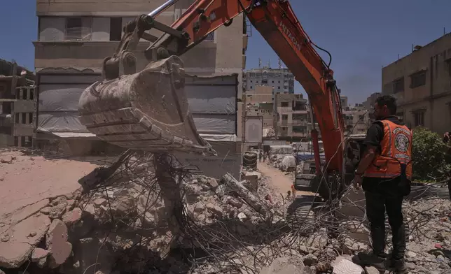 A civil defense excavator searches for the remains of Palestinians who were killed during the early months of the Israel-Hamas war and remained trapped beneath collapsed buildings, in Gaza City, Saturday, June 27, 2026. (AP Photo/Jehad Alshrafi)