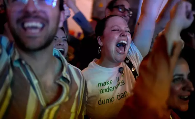 Supporters of Democratic congressional candidate Brad Lander celebrate a win during an election night watch party Tuesday, June 23, 2026, in the Brooklyn borough of New York. (AP Photo/Ryan Murphy)