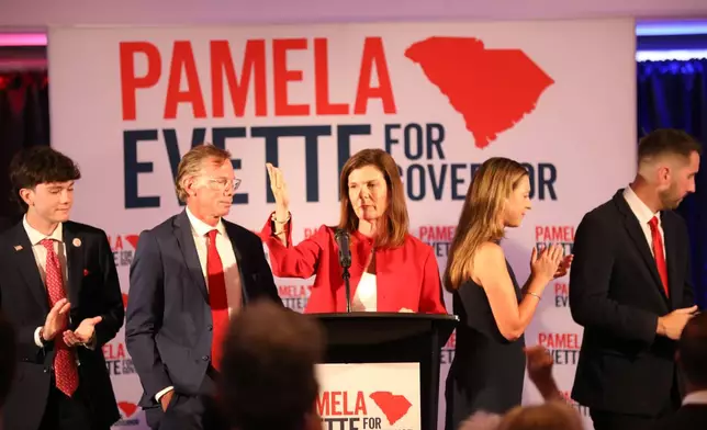 Republican South Carolina Lt. Gov. Pamela Evette concedes the GOP gubernatorial runoff to Alan Wilson, in Myrtle Beach, S.C., Tuesday, June 23, 2026. (AP Photo/Jeffrey Collins)