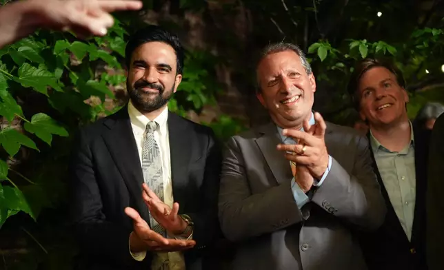 Democratic congressional candidate Brad Lander arrives with New York City Mayor Zohran Mamdani for an election night watch party Tuesday, June 23, 2026, in New York. (AP Photo/Ryan Murphy)