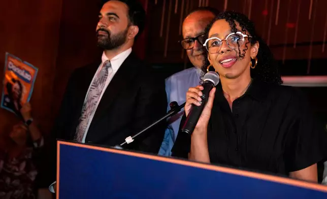 Democratic congressional candidate Darializa Avila Chevalier speaks to her supporters during an election night watch party Tuesday, June 23, 2026, in New York. (AP Photo/Seth Wenig)