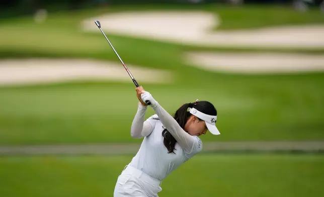 Ina Yoon, of South Korea, hits from the fourth tee during the second round of the Women's PGA Championship golf tournament, Friday, June 26, 2026, in Chaska, Minn. (AP Photo/Matt York)