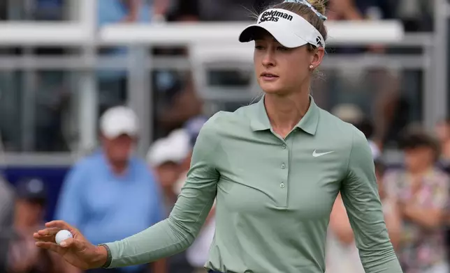 Nelly Korda reacts after a birdie on the 18th green during the second round of the Women's PGA Championship golf tournament, Friday, June 26, 2026, in Chaska, Minn. (AP Photo/Chris Carlson)