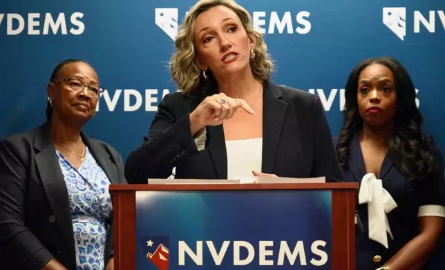 Nicole Cannizzaro, the Nevada Democratic candidate for attorney general, speaks at a press conference Wednesday, June 10, 2026, in Las Vegas. (AP Photo/Ty ONeil)