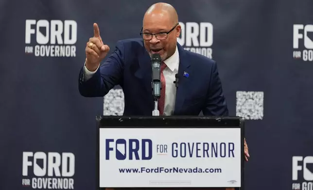 Gubernatorial candidate Aaron Ford, attorney general of Nevada, speaks during a primary election night watch party after winning the Democratic nomination Tuesday, June 9, 2026, in Las Vegas. (AP Photo/Jae C. Hong)