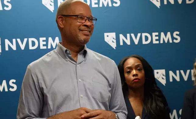 Nevada Attorney General and gubernatorial candidate Aaron Ford smiles during a press conference Wednesday, June 10, 2026, in Las Vegas. (AP Photo/Ty ONeil)
