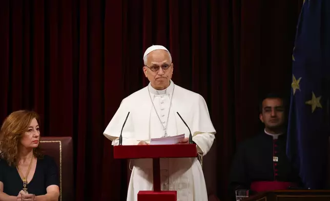Francina Armengol, President of the Congress of Deputies of Spain, looks on as Pope Leo XIV speaks at the Spanish Parliament in Madrid, Monday, June 8, 2026. (Yara Nardi/Pool Photo via AP)