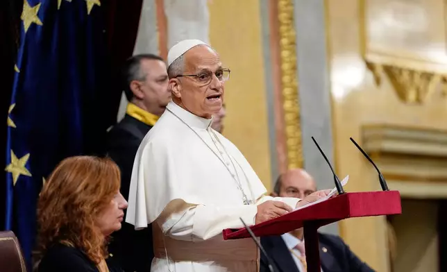 Pope Leo XIV delivers his speech as he meets with members of the Spanish Parliament at the Congress of Deputies, in Madrid, Monday, June 8, 2026. (AP Photo/Alessandra Tarantino)