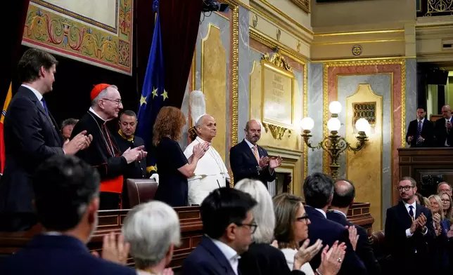 Pope Leo XIV meets with members of the Spanish Parliament at the Congress of Deputies, in Madrid, Monday, June 8, 2026. (AP Photo/Alessandra Tarantino)
