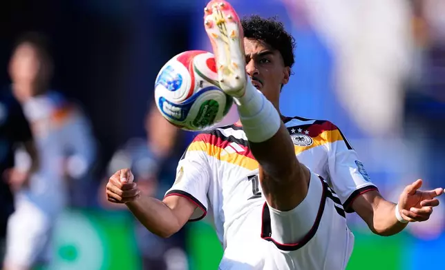 Germany's Nathaniel Brown (18) is in action during the World Cup round of 32 soccer match between Germany and Paraguay in Foxborough, Mass., near Boston, Monday, June 29, 2026. (AP Photo/Petr David Josek)