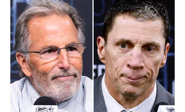 FILE - This photo combination shows Vegas Golden Knights head coach John Tortorella, left, April 24, 2026, in Salt Lake City and Carolina Hurricanes head coach Rod Brind'Amour in Raleigh, N.C., May 21, 2026. (AP Photo/Melissa Majchrzak, Karl DeBlaker, file)