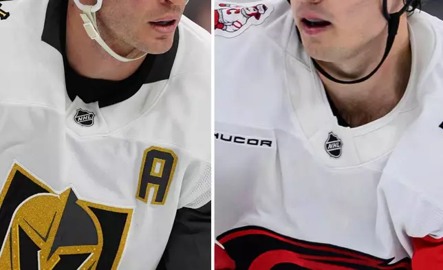 This photo combination shows Vegas Golden Knights' Brayden McNabb, left, Dec. 11, 2025, in Philadelphia and Carolina Hurricanes' Sebastian Aho, April 11, 2026, in Salt Lake City. (AP Photo/Derik Hamilton, Tyler Tate)