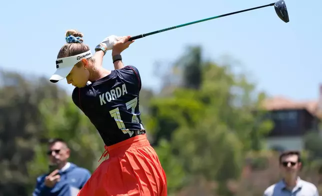 Nelly Korda hits from the second tee during a practice round ahead of the U.S. Women's Open golf tournament Tuesday, June 2, 2026, in the Pacific Palisades area of Los Angeles. (AP Photo/Ashley Landis)