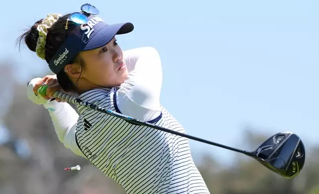 Grace Kim, of Australia, hits from the second tee during a practice round ahead of the U.S. Women's Open golf tournament Tuesday, June 2, 2026, in the Pacific Palisades area of Los Angeles. (AP Photo/Ashley Landis)