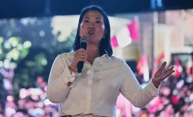 Keiko Fujimori, presidential candidate of the Popular Force party, speaks at a rally in Huacho, Peru, Tuesday, June 2, 2026. (AP Photo/Guadalupe Pardo)