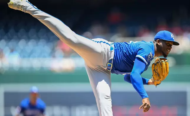 Kansas City Royals pitcher Luinder Avila follows through during the first inning of a baseball game against the Washington Nationals, Wednesday, June 17, 2026, in Washington. (AP Photo/John McDonnell)