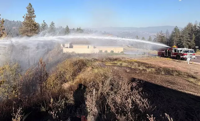 Fire crews battle the Upriver Fire on Tuesday, June 16, 2026 east of Spokane, Wash. (Spokane Valley Fire Department via AP)