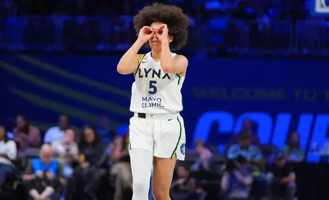 Minnesota Lynx guard Olivia Miles gestures after her team scored during the second half of a WNBA basketball game against the Dallas Wings in Arlington, Texas, Sunday, June 28, 2026. (AP Photo/LM Otero)