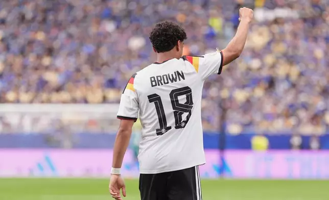 Germany's Nathaniel Brown celebrates after scoring during the World Cup Group E soccer match between Germany and Curacao in Houston, Sunday, June 14, 2026. (AP Photo/Eric Gay)