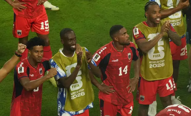 Cape Verde players celebrate after the World Cup Group H soccer match against Uruguay in Miami Gardens, Fla., Sunday, June 21, 2026. (AP Photo/Marta Lavandier)