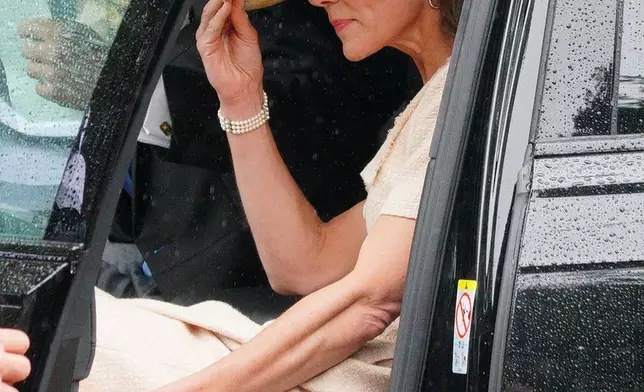 Britain's Kate, Princess of Wales, at the wedding of Harriet Sperling to Peter Phillips at All Saints Church in Kemble, Gloucestershire, England, Saturday, June 6, 2026. (Ben Birchall/PA via AP)