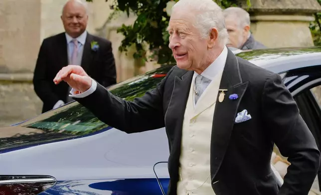 Britain's King Charles III arriving for the wedding of Harriet Sperling to Peter Phillips at All Saints Church in Kemble, England, Saturday June 6, 2026. (Ben Birchall/PA via AP)