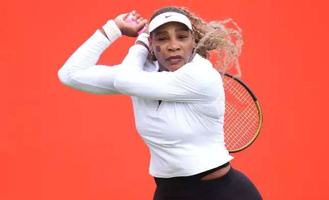 Serena Williams of the US practices at The Queen's Club, in London, Sunday June 7, 2026. (Adam Davy/PA via AP)