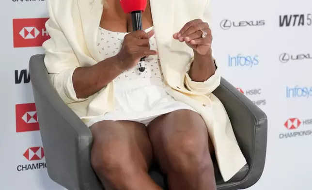 Serena Williams during a press conference at The Queen's Club, London, Sunday June 7, 2026. (Adam Davy/PA via AP)