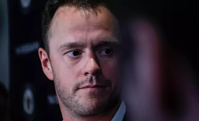 Former Winnipeg Jet and Chicago Blackhawk Jonathan Toews speaks to media after he announced his retirement from the NHL during an event at the Jonathan Toews Sportsplex in Winnipeg, Manitoba, Friday, June 19, 2026. (John Woods /The Canadian Press via AP)