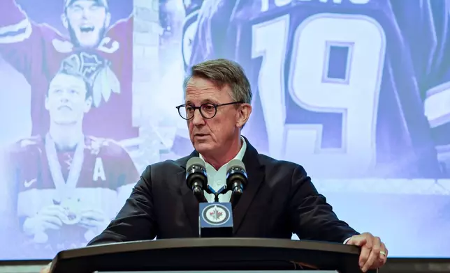 Winnipeg Jet owner Mark Chipman speaks after former Winnipeg Jet and Chicago Blackhawk Jonathan Toews announced his retirement from the NHL during an event at the Jonathan Toews Sportsplex in Winnipeg, Manitoba, Friday, June 19, 2026. (John Woods /The Canadian Press via AP)