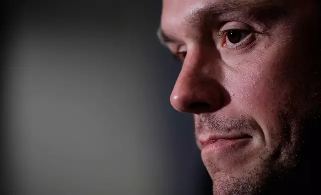 Former Winnipeg Jet and Chicago Blackhawk Jonathan Toews speaks to media after he announced his retirement from the NHL during an event at the Jonathan Toews Sportsplex in Winnipeg, Manitoba, Friday, June 19, 2026. (John Woods /The Canadian Press via AP)