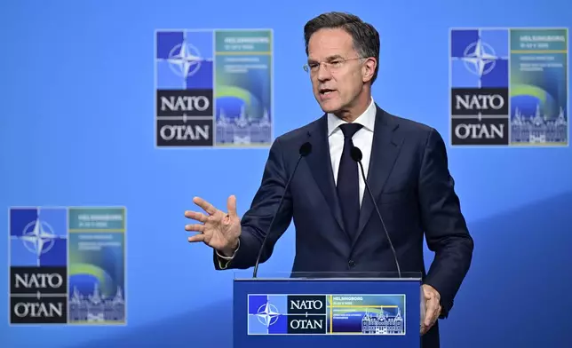 NATO Secretary General Mark Rutte holds a closing press conference during the NATO Foreign Ministers' meeting in Helsingborg, Sweden, Friday, May 22, 2026. (Johan Nilsson/TT News Agency via AP)