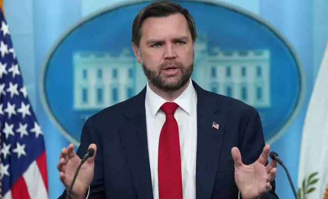 Vice President JD Vance speaks to reporters in the James Brady Press Briefing Room at the White House, Thursday, June 18, 2026, in Washington. (AP Photo/Jacquelyn Martin)