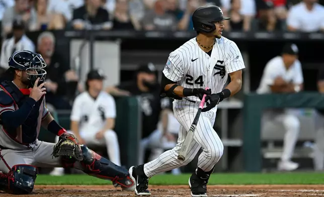 Chicago White Sox's Braden Montgomery watches his RBI single during the fourth inning of a baseball game against the Atlanta Braves in Chicago, Tuesday, June 9, 2026. (AP Photo/Paul Beaty)