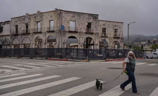 D. Berryman walks her dog, Tiny Dancer, past a fire-damaged building more than a year after the Palisades Fire in the Pacific Palisades neighborhood of Los Angeles, Thursday, June 4, 2026. (AP Photo/Jae C. Hong)