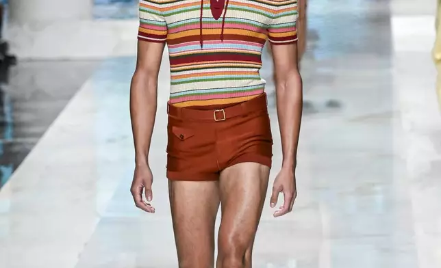 A model wears a creation from the Dolce & Gabbana Spring/Summer 2027 Men's collection presented in Milan, Italy, Saturday, June 20, 2026. (AP Photo/Nicola Marfisi)