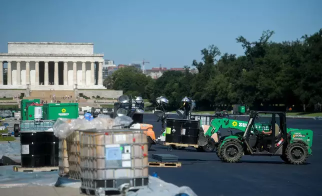 Work continues on the Lincoln Memorial Reflecting Pool, which is covered in a blue protective coating, ahead of the United States 250th anniversary, Thursday, June 4, 2026, in Washington. (AP Photo/Rod Lamkey, Jr.)