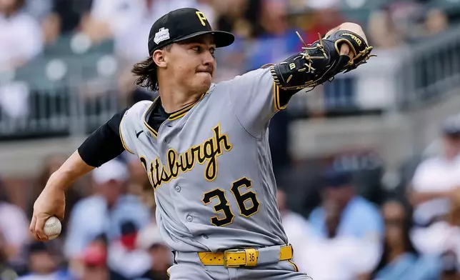 Pittsburgh Pirates pitcher Bubba Chandler delivers to an Atlanta Braves during the second inning of a baseball game, Sunday, June 7, 2026, in Atlanta. (AP Photo/Erik S. Lesser)
