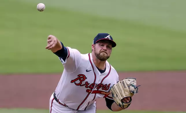 Atlanta Braves pitcher Bryce Elder delivers to a Pittsburgh Pirates batter during the first inning of a baseball game, Sunday, June 7, 2026, in Atlanta. (AP Photo/Erik S. Lesser)