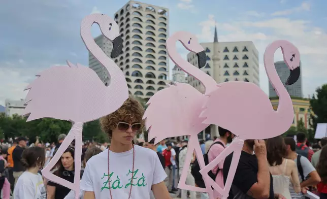 Protesters hold pink flamingo cutouts during a demonstration in Tirana, Albania, Wednesday, June 3, 2026, opposing a luxury coastal development project linked to Jared Kushner and Ivanka Trump over concerns about environmental impacts and transparency. (AP Photo/Hameraldi Agolli)