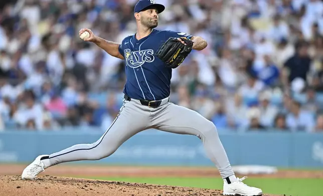 Tampa Bay Rays pitcher Nick Martinez delivers during the second inning of a baseball game against the Los Angeles Dodgers, Monday, June 15, 2026, in Los Angeles. (AP Photo/William Liang)