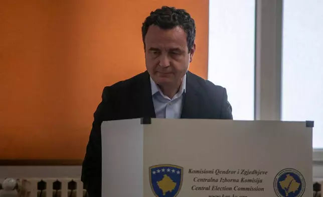 Kosovo's acting Prime Minister and Vetevendosje party leader Albin Kurti votes during parliamentary election in Kosovo capital Pristina, on Sunday, June 7, 2026. (AP Photo/Visar Kryeziu)