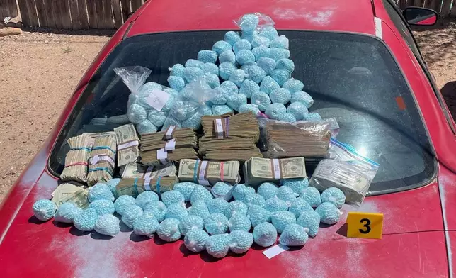 This photo provided by the U.S. Drug Enforcement Administration shows pills containing fentanyl which were seized by the DEA in New Mexico, on April 28, 2025. (DEA via AP)