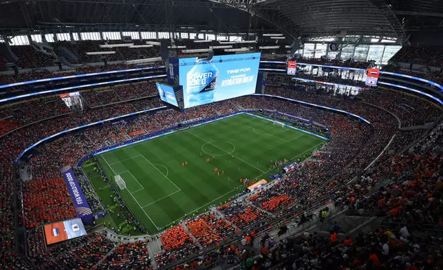 Signage for a hydration break is displayed during the World Cup Group F soccer match between the Netherlands and Japan in Arlington, Texas, near Dallas, Sunday, June 14, 2026. (AP Photo/Sam Hodde)