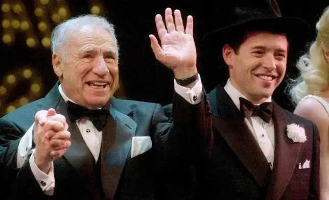 FILE - Mel Brooks, left, and Matthew Broderick react to a standing ovation at opening night of "The Producers" in New York on April 19, 2001. (AP Photo/Mark Lennihan, File)