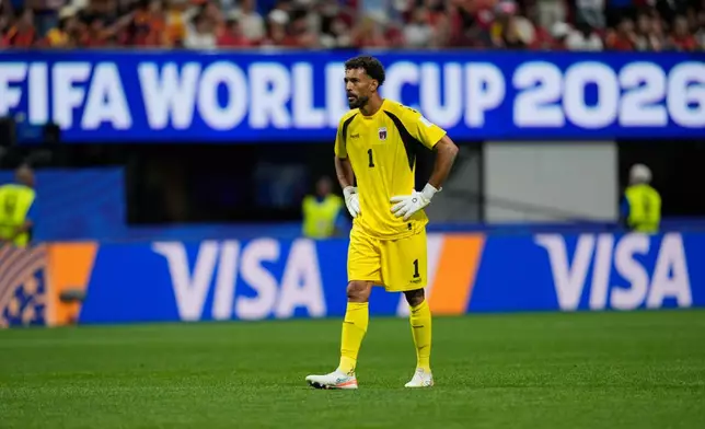 Cape Verde goalkeeper Vozinha reacts during the World Cup Group H soccer match between Spain and Cape Verde in Atlanta, Monday, June 15, 2026. (AP Photo/Mike Stewart)