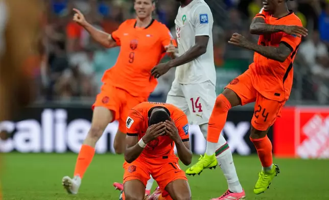 Netherlands' Cody Gakpo (11) celebrates the opening goal during the World Cup round of 32 soccer match between the Netherlands and Morocco in Guadalupe, near Monterrey, Mexico, Monday, June 29, 2026. (AP Photo/Dolores Ochoa)