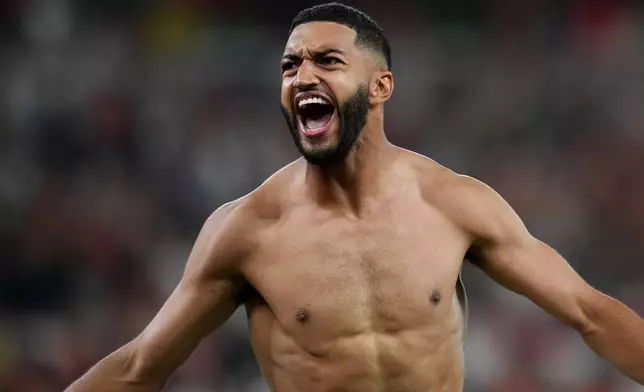 Morocco's Ismael Saibari (11) celebrates kicking the game winning penalty kick goal during the World Cup round of 32 soccer match between the Netherlands and Morocco in Guadalupe, near Monterrey, Mexico, Monday, June 29, 2026. (AP Photo/Dolores Ochoa)