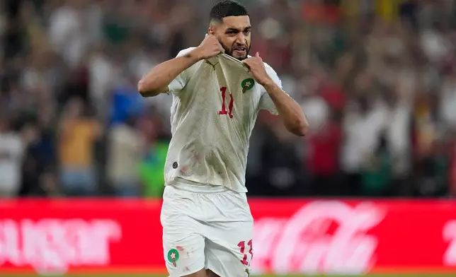 Morocco's Ismael Saibari (11) celebrates kicking the game winning penalty kick goal during the World Cup round of 32 soccer match between the Netherlands and Morocco in Guadalupe, near Monterrey, Mexico, Monday, June 29, 2026. (AP Photo/Dolores Ochoa)